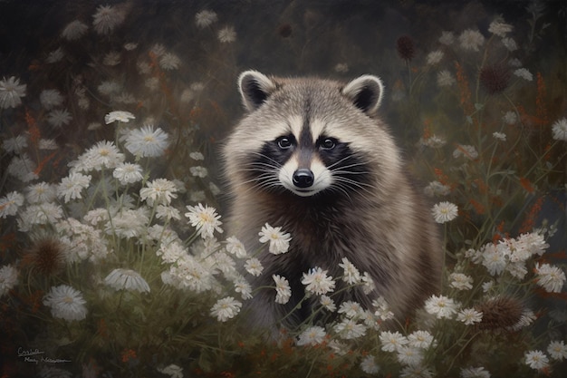 Une peinture d'un raton laveur dans un champ de fleurs.