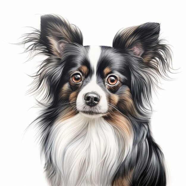 Peinture réaliste d'un chien papillon sur fond blanc