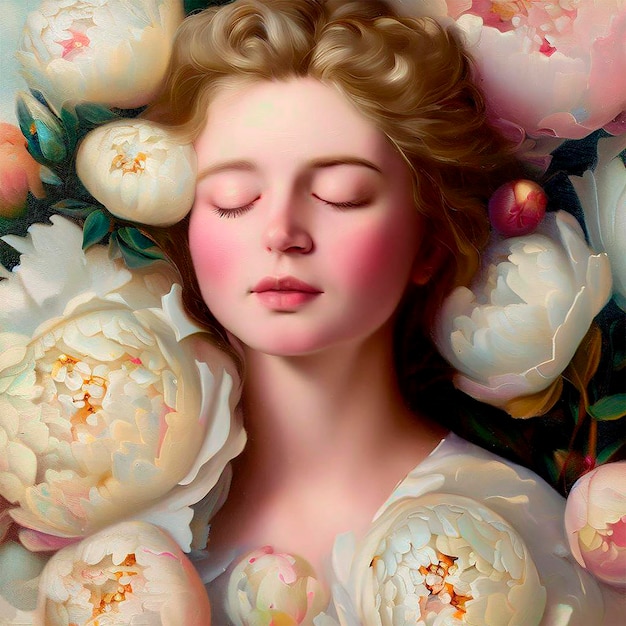 Peinture réaliste victorienne d'une jeune femme se trouvant parmi des fleurs avec les yeux fermés