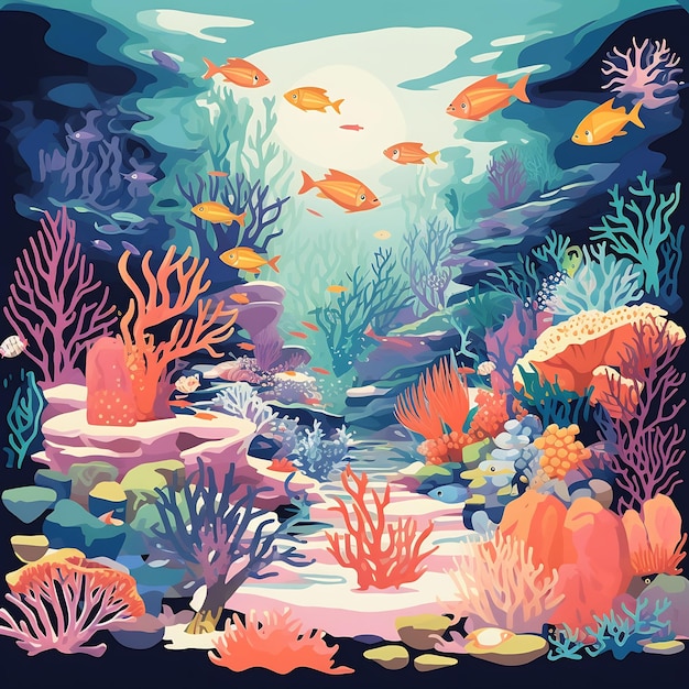 une peinture d'un récif corallien avec divers poissons et coraux tropicaux colorés