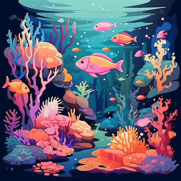 une peinture d'un récif corallien avec divers poissons et coraux