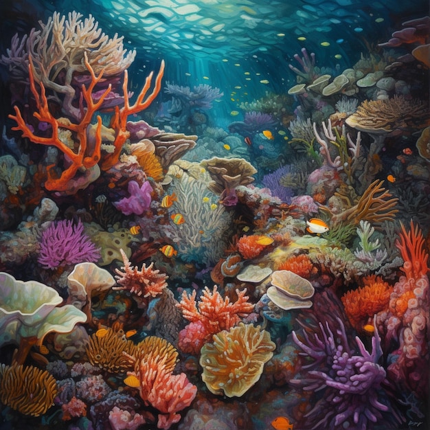 Peinture d'un récif corallien avec de nombreux types de coraux génératifs ai