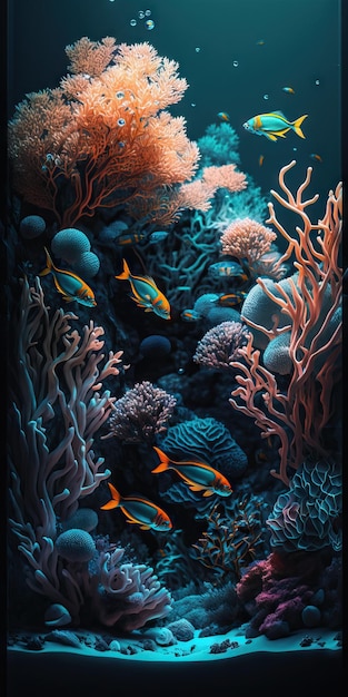 Une peinture d'un récif corallien avec des poissons et des coraux.