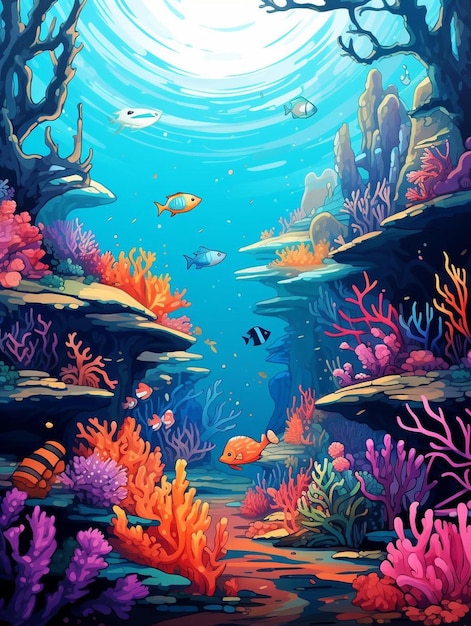 Une peinture d'un récif corallien avec des poissons tropicaux colorés et des coraux.