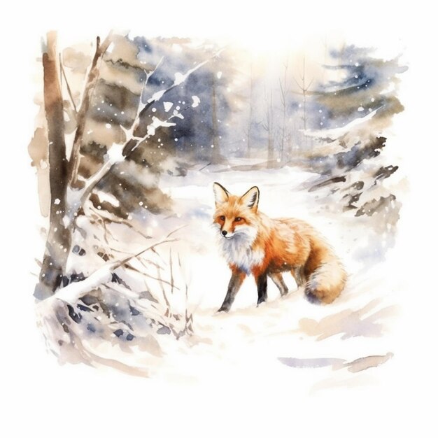 Photo peinture d'un renard dans la neige dans une zone boisée générative ai