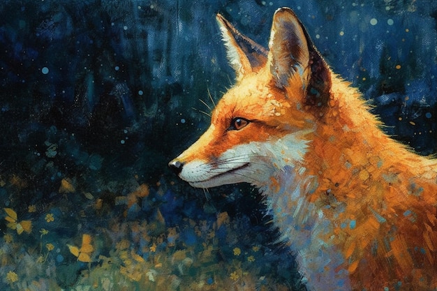 Une peinture d'un renard avec un fond bleu et des fleurs jaunes.