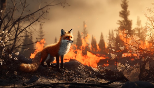 une peinture d'un renard qui est devant un feu