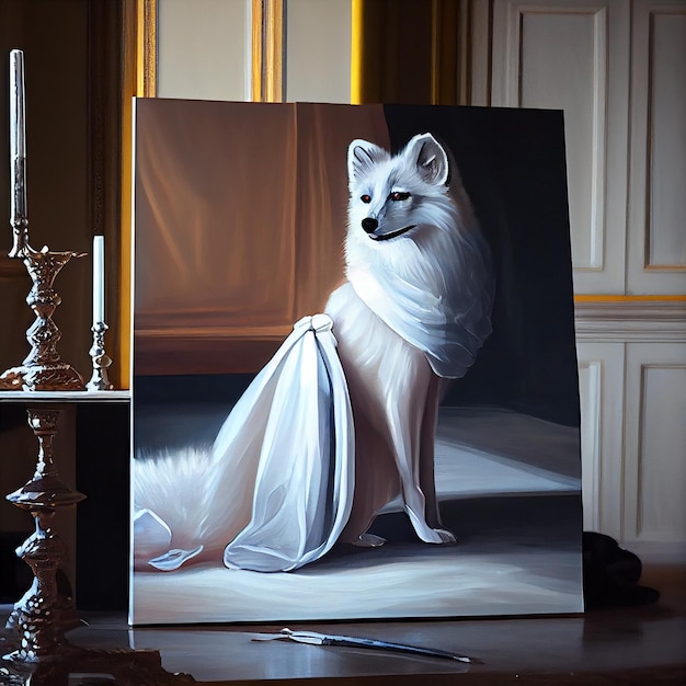 Une peinture d'un renard avec une robe dessus