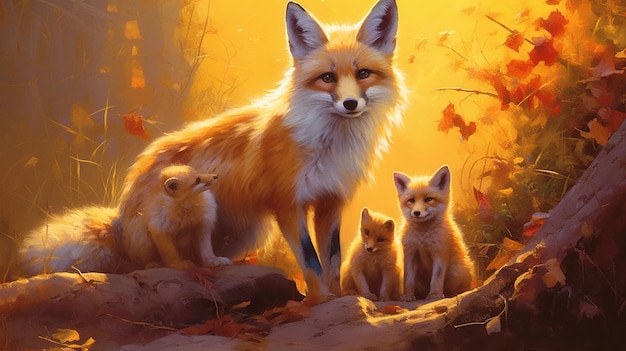 peinture d'un renard et de ses petits dans un décor forestier ai génératif