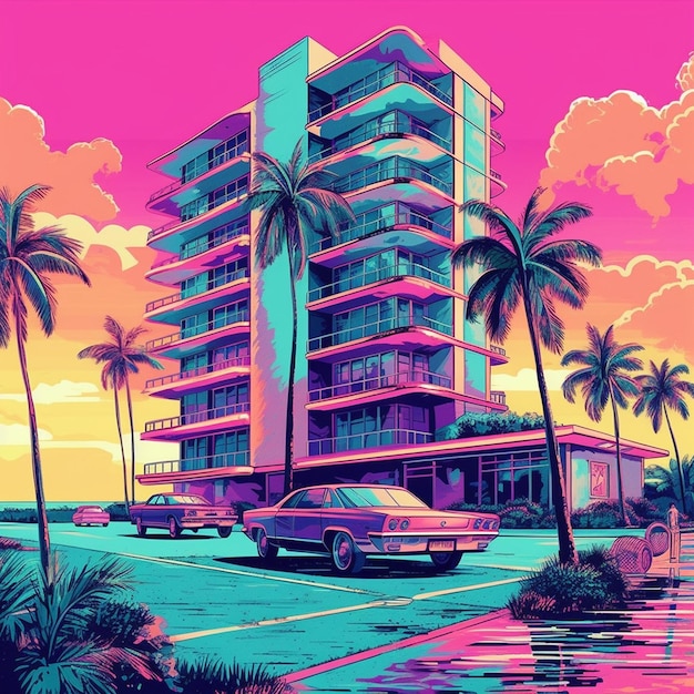 une peinture représentant un bâtiment avec des palmiers et une voiture au premier plan.