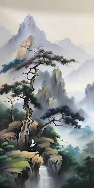 Peinture représentant des conifères sur fond de montagnes grises Génération AI