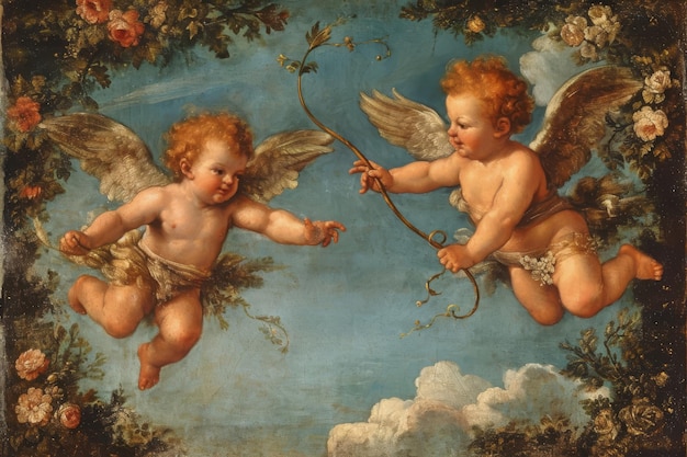 Une peinture représentant deux chérubins l'un tenant un arc et l'autre visant une flèche dans une scène détaillée et vibrante Cupid jouant dans un jardin céleste AI généré