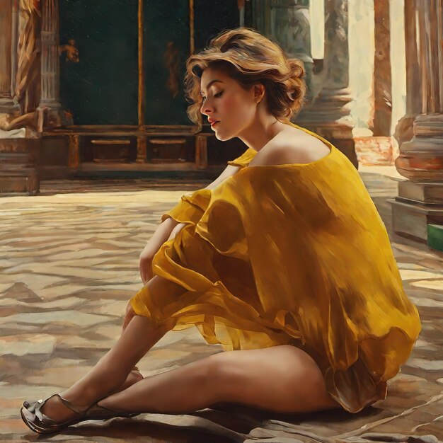 une peinture représentant une femme assise sur le sol avec une robe jaune.