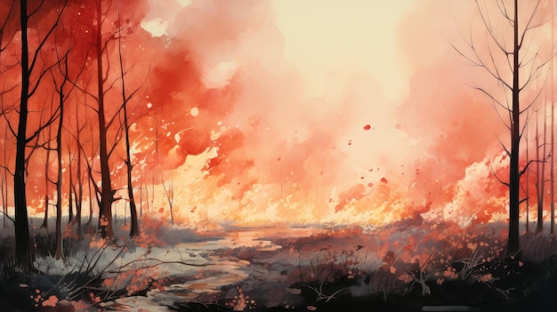 une peinture représentant un feu de forêt avec une forêt en arrière-plan.