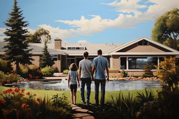 Une peinture représentant des gens marchant devant une maison avec un homme et une femme se tenant la main.
