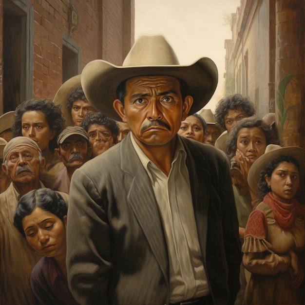 une peinture représentant un homme avec un chapeau de cowboy et une foule de gens.