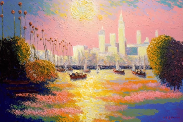 une peinture représentant un horizon de ville avec des bateaux dans l’eau.