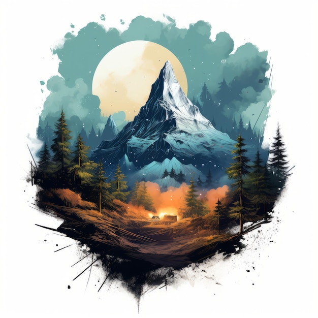 une peinture représentant une montagne et une forêt avec une pleine lune en arrière-plan