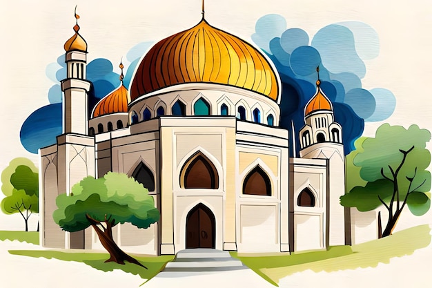 Une peinture représentant une mosquée avec un arbre vert au premier plan.