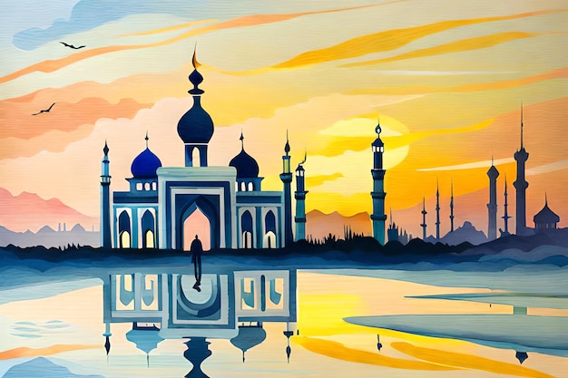 Une peinture représentant une mosquée avec un coucher de soleil en arrière-plan.