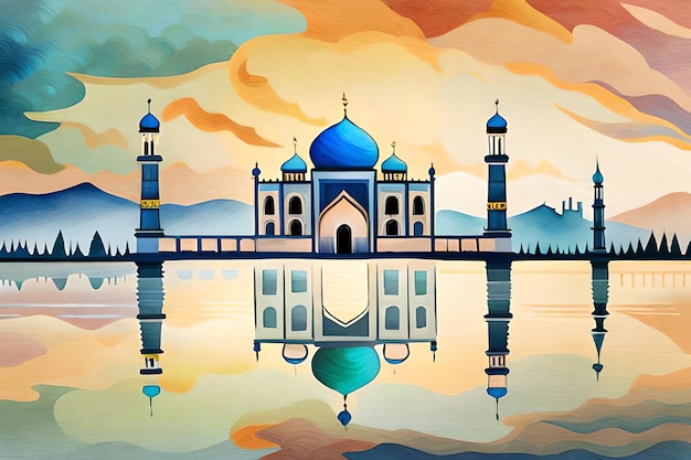 Une peinture représentant une mosquée avec un toit bleu et des montagnes en arrière-plan.