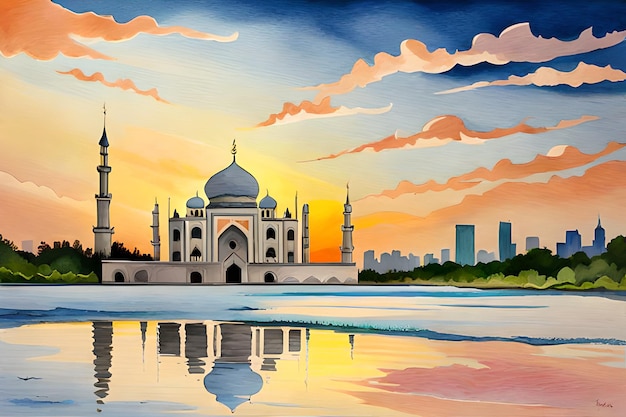 Une peinture représentant une mosquée avec une ville en arrière-plan.
