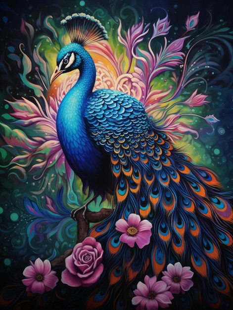 une peinture représentant un paon avec des fleurs et un oiseau au bec bleu et violet.