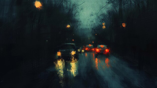 Peinture représentant une rue de la ville la nuit éclairée par des lumières brillantes