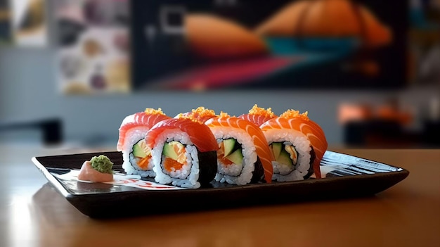 peinture représentant des sushis et une assiette avec une image de poisson dessus