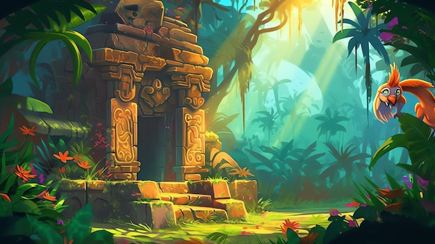 Une peinture représentant un temple avec une forêt tropicale en arrière-plan.