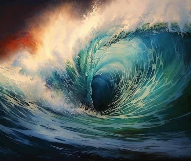 une peinture représentant une vague avec le soleil se couchant derrière elle.