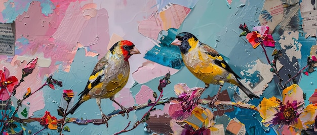 Photo cette peinture représente deux oiseaux et des fleurs assis sur une branche de fleur. c'est une illustration pour une carte de vœux florale.