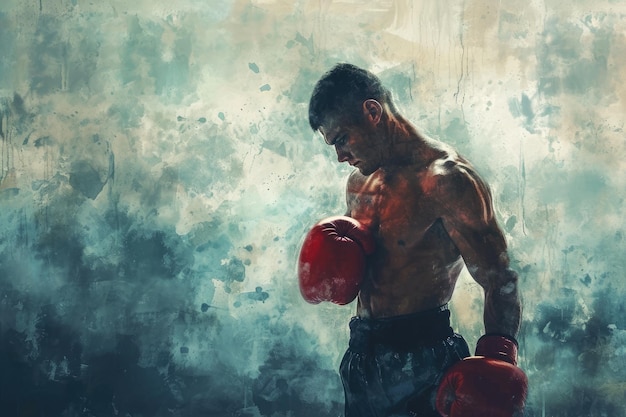 La peinture représente une figure masculine portant des gants de boxe capturant l'intensité et la puissance du sport Une représentation artistique du calme après une séance de boxe de haute intensité générée par l'IA