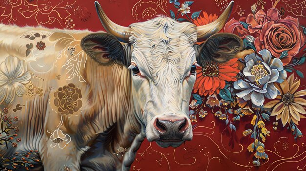 Cette peinture représente une vache blanche avec des motifs floraux complexes sur son corps