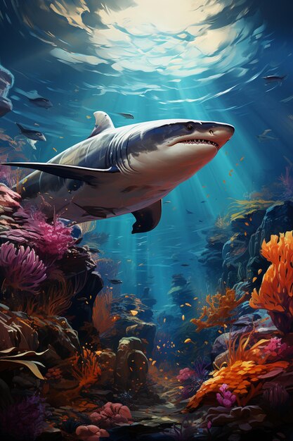 Peinture d'un requin nageant dans un récif corallien avec des coraux et d'autres poissons génératifs ai