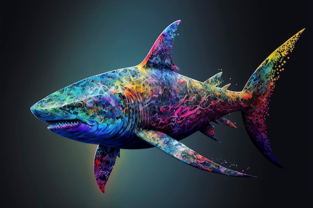 Peinture de requin avec une touche de couleurs sur fond noir ai générative