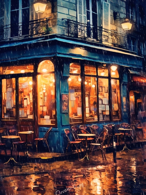 Une peinture d'un restaurant avec un auvent bleu et une enseigne qui dit " café ".