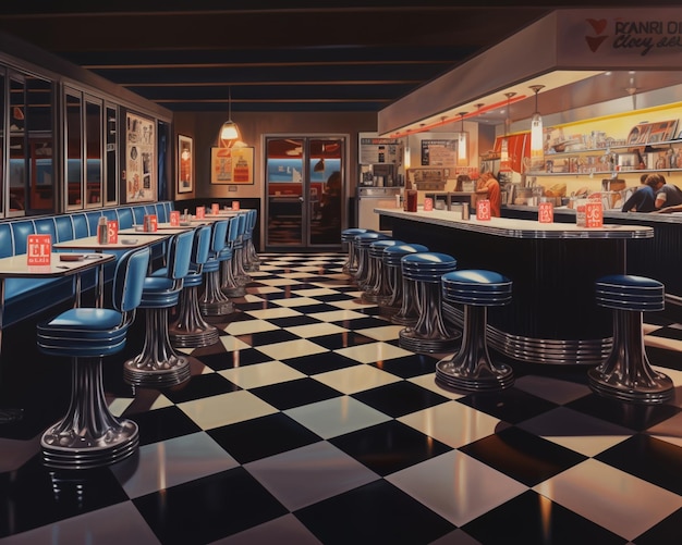 Une peinture d'un restaurant avec des tabourets bleus et un sol en damier