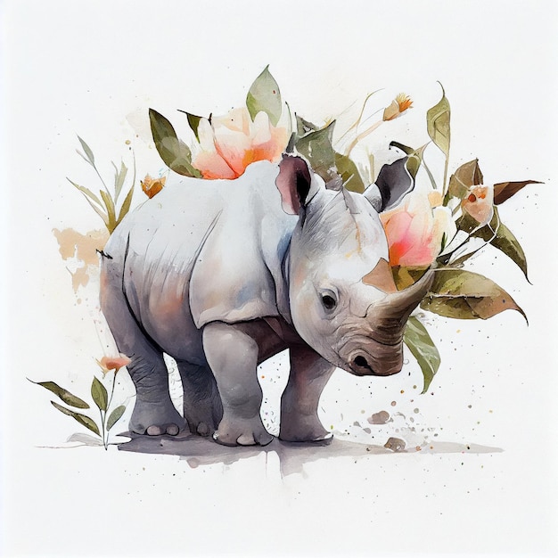 Une peinture d'un rhinocéros avec des fleurs dessus