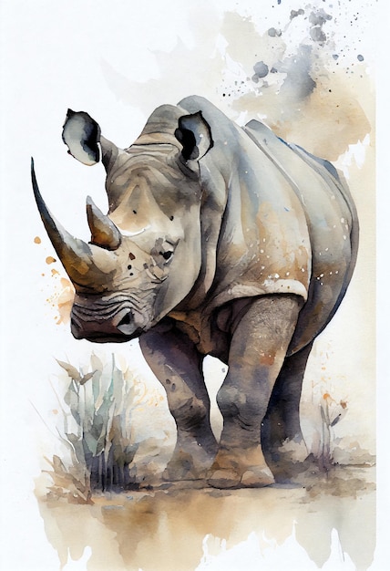 Une peinture d'un rhinocéros avec le mot rhinocéros dessus