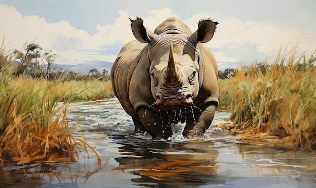 Peinture d'un rhinocéros qui traverse une rivière