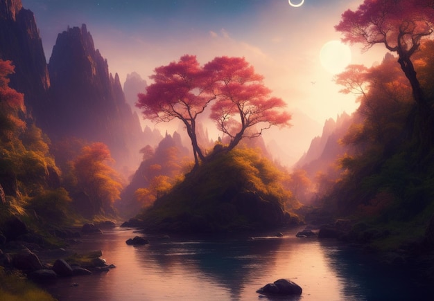 Une peinture d'une rivière avec un arbre et la lune en arrière-plan