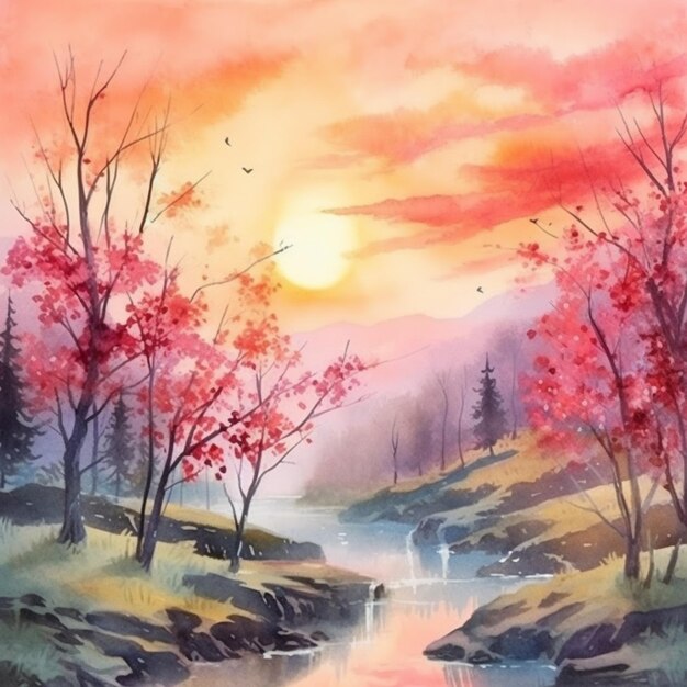 Peinture d'une rivière avec un coucher de soleil et des arbres en arrière-plan