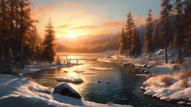 Une peinture d'une rivière avec un coucher de soleil en arrière-plan ai générative