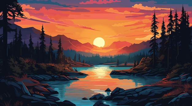 Une peinture d'une rivière avec un coucher de soleil en arrière-plan.