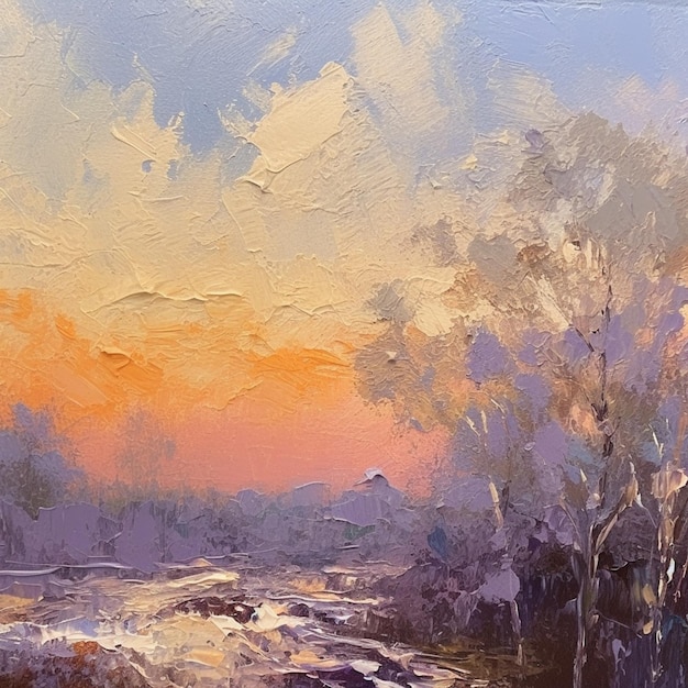 Peinture d'une rivière avec un coucher de soleil en arrière-plan