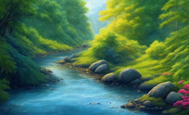Une peinture d'une rivière dans les bois