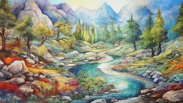 Une peinture d'une rivière dans les montagnes