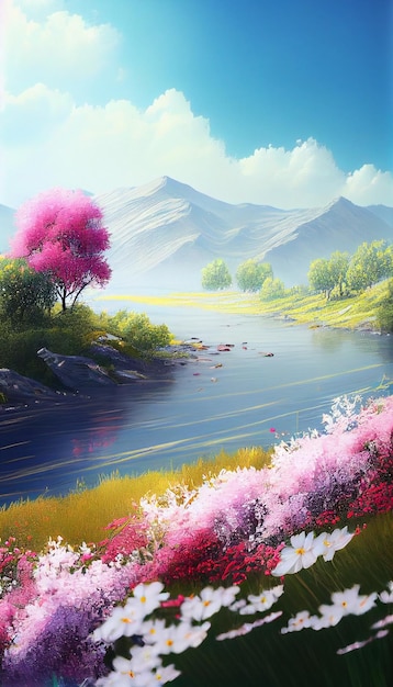 Peinture d'une rivière entourée d'arbres et de fleurs générative ai