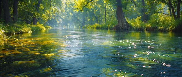 Peinture d'une rivière entourée d'arbres